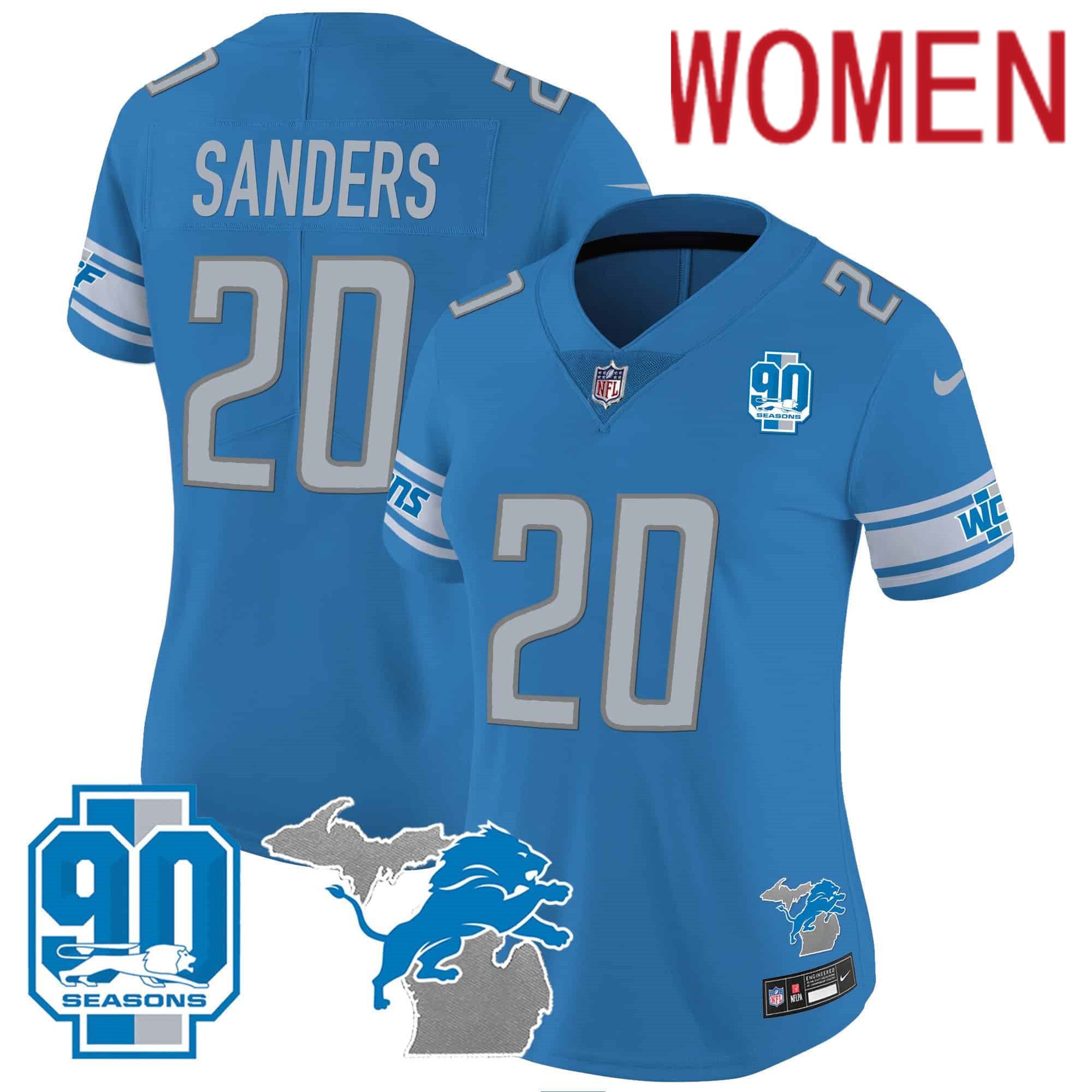 Women Detroit Lions #20 Sanders Blue 2024 Nike 90th Year Michigan Patch Vapor NFL Jersey style 1